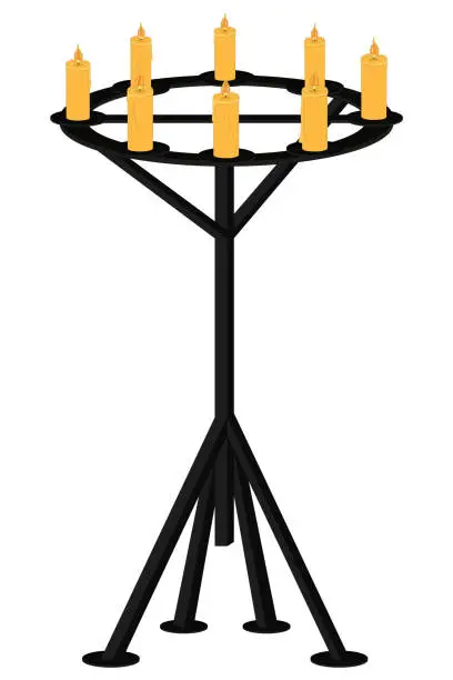 Vector illustration of High black metal candelabrum with eight candles vector illustration