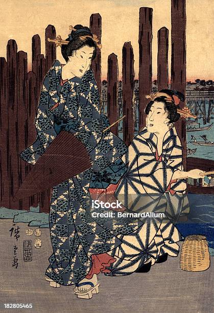 Japanese Woodblock Dwóch Kobiet - Stockowe grafiki wektorowe i więcej obrazów Japonia - Japonia, Sztuka, Obraz malowany