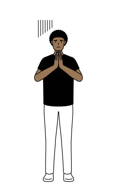 Vector illustration of African-American man apologizing with his hands in front of his body.