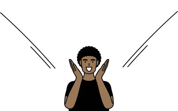 Vector illustration of African-American man calling out with his hand over his mouth.