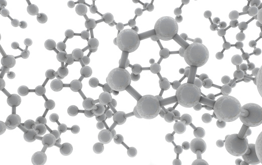 Ball and stick 3D render from the inside of a protein molecule.