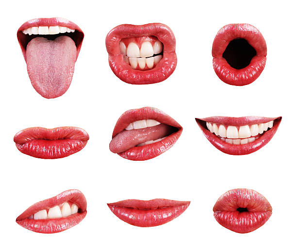 Boca, dentes, lábios, língua e elementos da página isolado coleção de sortimento - foto de acervo