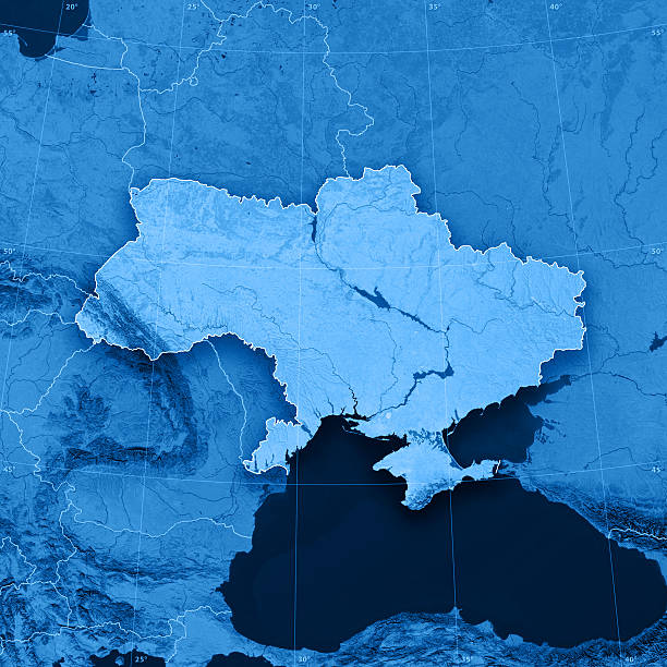 Ukraine Topographic Map "3D render and image composing: Topographic Map of Ukraine. Including country borders, rivers and accurate longitude/latitude lines. High resolution available! High quality relief structure!Relief texture and satellite images courtesy of NASA. Further data source courtesy of CIA World Data Bank II database.Note: This image is perfectly congruent to the image" dnieper river stock pictures, royalty-free photos & images