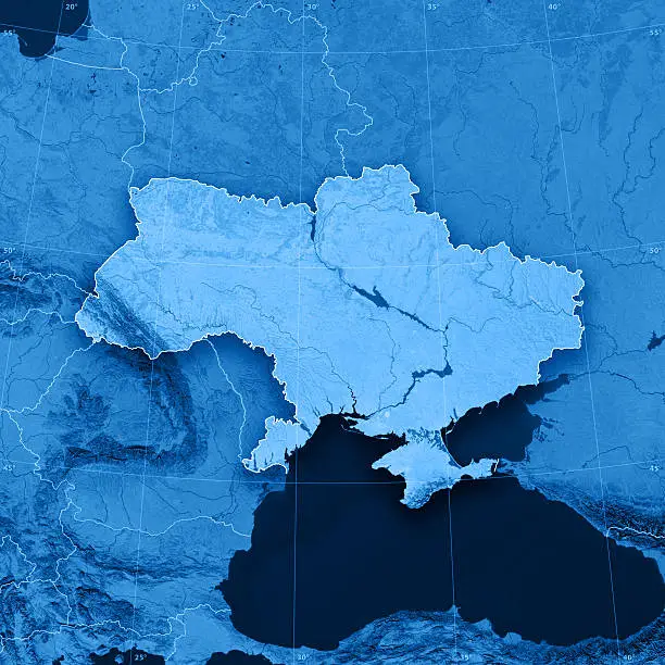 "3D render and image composing: Topographic Map of Ukraine. Including country borders, rivers and accurate longitude/latitude lines. High resolution available! High quality relief structure!Relief texture and satellite images courtesy of NASA. Further data source courtesy of CIA World Data Bank II database.Note: This image is perfectly congruent to the image"