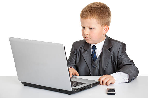 kleine geschäftsmann mit laptop - telephone child isolated on white elegance stock-fotos und bilder
