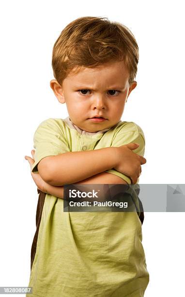 Cross Little Caucasian Boy Stock Photo - Download Image Now - Child, Displeased, White Background