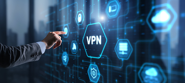 Businessman presses a button VPN. Betwork security internet privacy encryption concept.