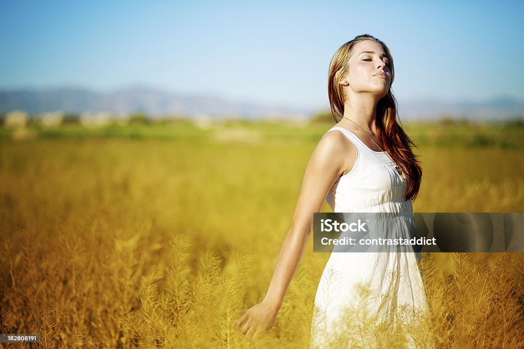 Menina em um vestido branco caminhar através do campo de trigo. - Royalty-free Adulto Foto de stock