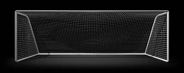 Front view of a soccer net isolated on a black background.Could be a useful element in a soccer composition.This is a detailed 3d rendering.