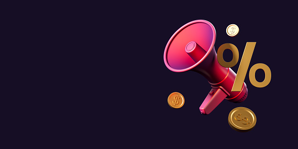 Pink loudspeaker and percent sign, falling coins on copy space dark background. Concept of big sale, notification and discount. 3D rendering illustration