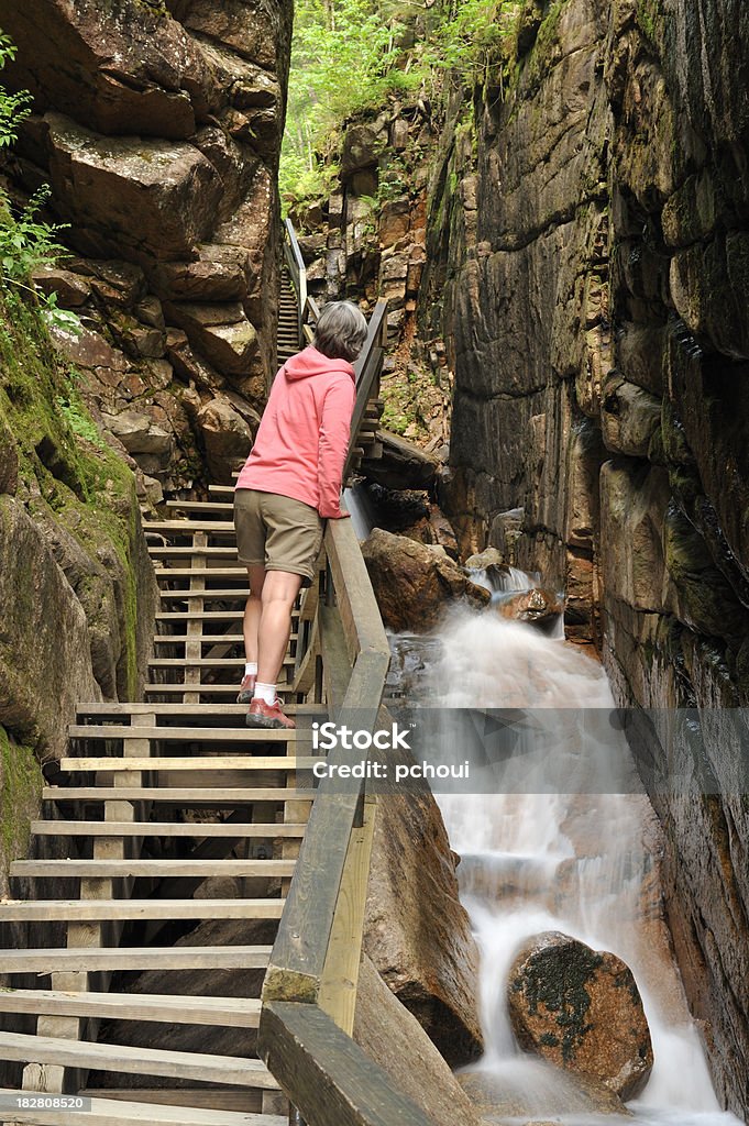 Donna in Flume Gorge, Franconia Notch State Park, New Hampshire - Foto stock royalty-free di New Hampshire