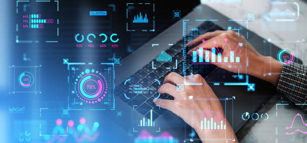istock Top view woman typing in computer, business analysis and metrics with statistics 1828085910