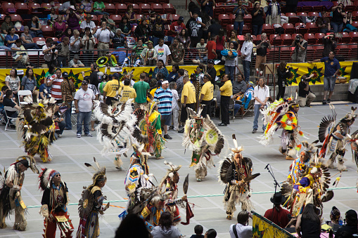 Albuquerque, New Mexico, USA - 04/29/2011: indigenous north american culture dancers at paw-waw festival in Albuquerque