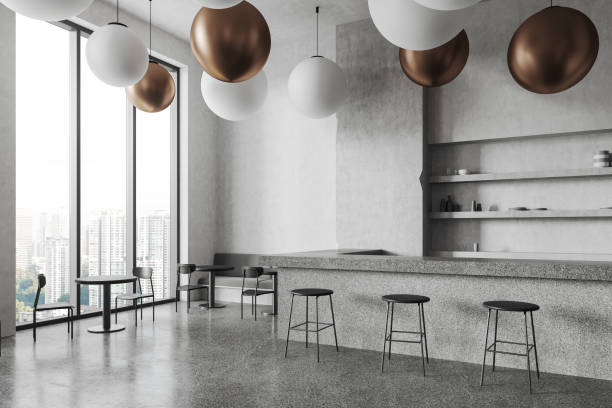 istock Modern bar interior with stone counter and eating space near panoramic window 1828086461