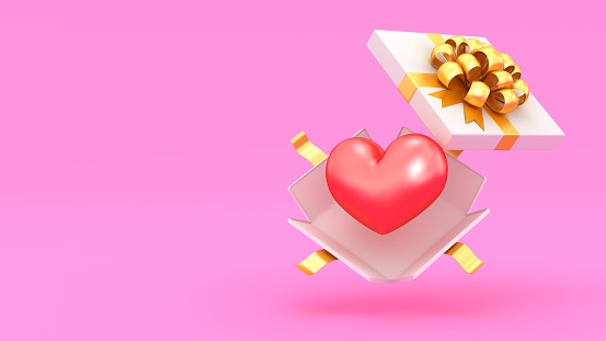 Give your love. Heart in the white gift box with golden ribbon and bow isolated on the pink background. Valentines day and wedding celebration. 3d rendering.