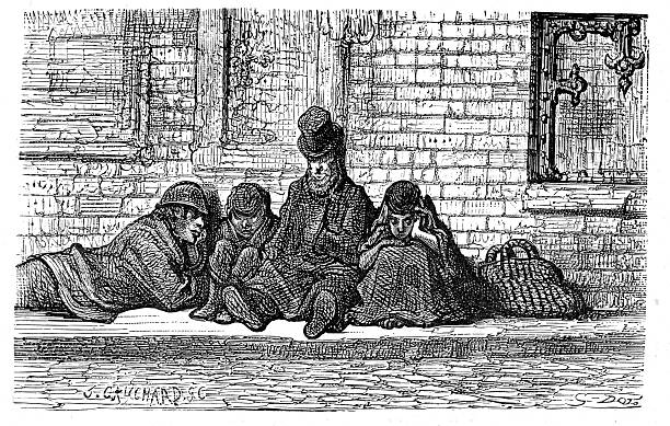ilustrações, clipart, desenhos animados e ícones de victorian londres-desalojados pessoas dormindo na rua - favela