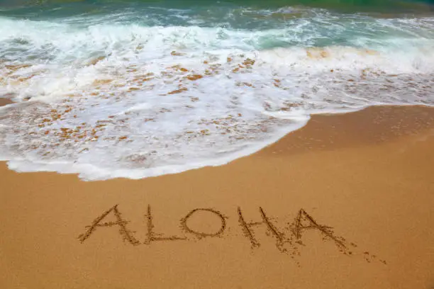 Hawaiian greeting Aloha written in golden sand on the edge of the water.