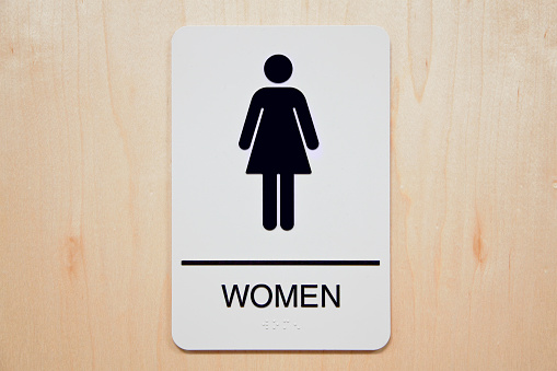 A women's room sign on a wooden door.