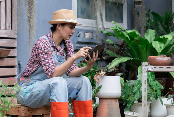 istock Young gardener entrepreneur woman working with technology tablet checking online orders or answering customers, Asian attractive gardening female in shop, modern small business owner lifestyle 1828098128