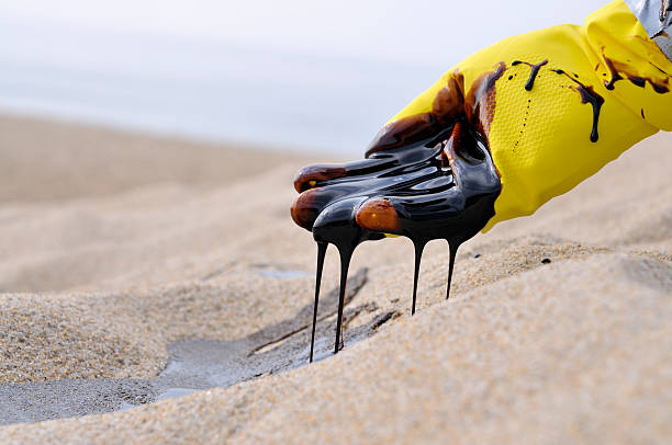 Oil Spill: Heart Breaking A gloved hand of unidentifiable/unnamed emergency worker scooping oil from pristine beach sand. mike cherim stock pictures, royalty-free photos & images