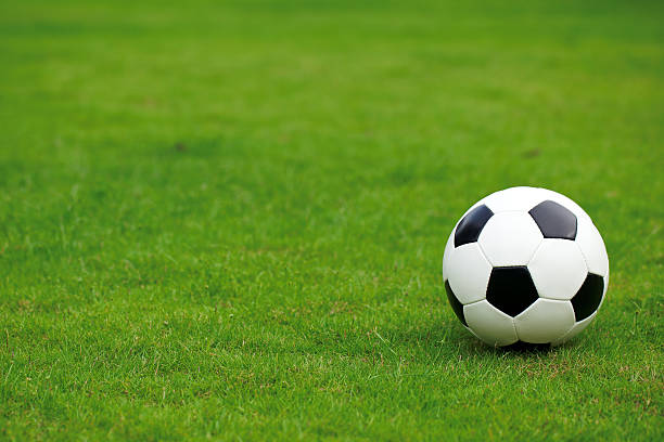 pallone da calcio su prato - lawn ball circle green foto e immagini stock