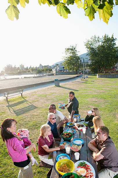 Family Picnic - Wide View large get together / fam'ly at picnic table / picnic in the park. family bbq beach stock pictures, royalty-free photos & images