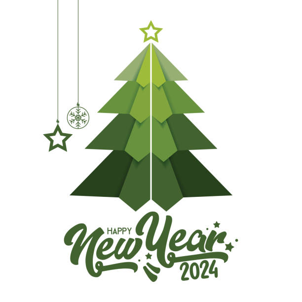 2024. frohes neues jahr. origami-weihnachtsbaum. abstrakte zahlen auf hintergrund-vektorillustration. feiertagsbanner-design für grußkarte, einladung, kalender usw. - vektor stock-illustration - creativity new years eve tree new years day stock-grafiken, -clipart, -cartoons und -symbole