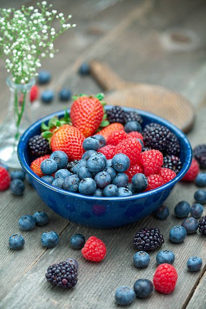 istock Blue bowl of strawberries, blueberries, and raspberries 182811086