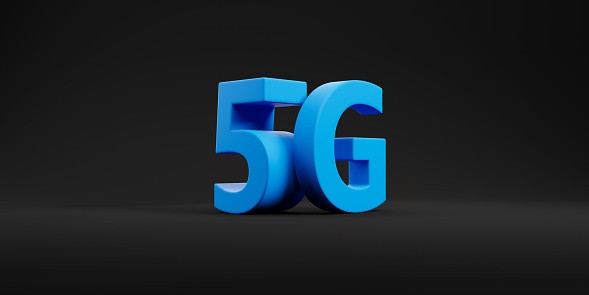 View of blue 5G sign over black background. Concept of telecommunication and technology, internet connection and network. 3d rendering