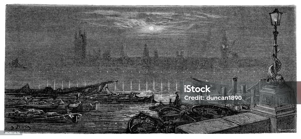 Londra vittoriana-case del Parlamento di notte - Illustrazione stock royalty-free di Fiume Tamigi