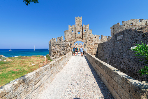 Medieval ruins at the seaside in the old town of Rhodes, Dodecanese Islands, Greek Islands, Greece, Europe July 28, 2016
