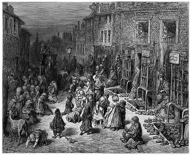 Victorian London - Dudley Street, Seven Dials "Vintage engraving showing a scene from 19th Century London England. Dudley Street, Seven Dials circa 1870.  Street children play in the road." 19th century stock illustrations