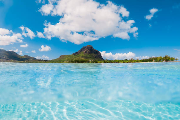 istock Clear transparent ocean and Le Morne mountain in Mauritius. 1828130854