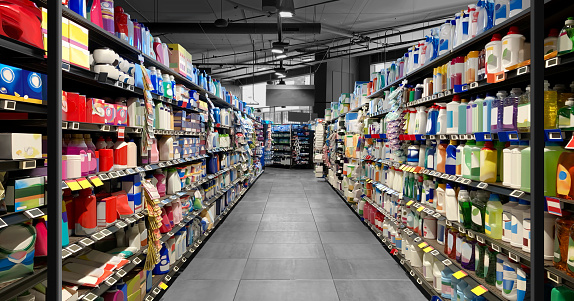 Supermarket Alley with Washing up powder and liquid detergent on left shelf and house cleaning chemical products on right side. Mockup and illustration are great for graphic designers, interior designers and architects.