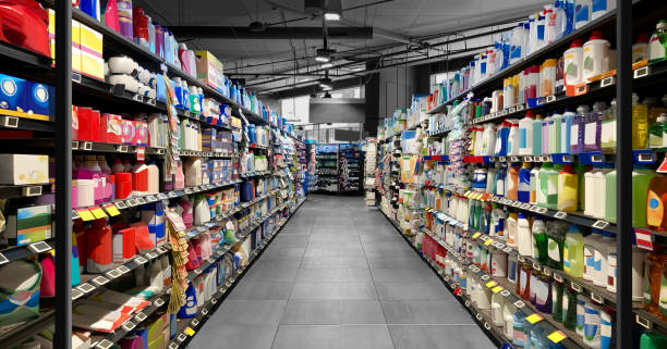 Supermarket Alley with Washing up powder and liquid detergent on left shelf and house cleaning chemical products on right side mockup Supermarket Alley with Washing up powder and liquid detergent on left shelf and house cleaning chemical products on right side. Mockup and illustration are great for graphic designers, interior designers and architects. shopping alley stock pictures, royalty-free photos & images