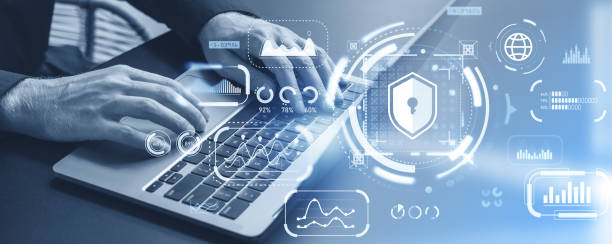 istock Man typing on laptop, digital cybersecurity with statistics and business data 1828131399