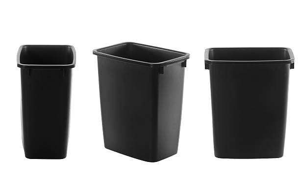 Household Garbage Can A common household garbage or trash bin from three different angles. wastepaper basket photos stock pictures, royalty-free photos & images