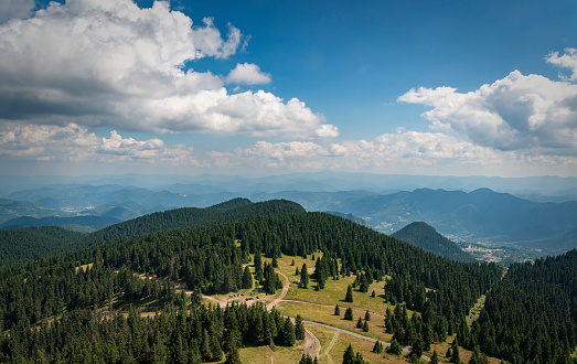Landscape of Rhodope Mountains from Snezhanka tower. Pamporovo resort in Smolyan province, Bulgaria, Europe.