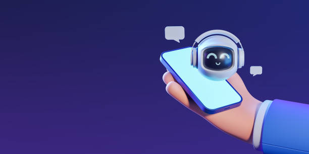 istock Cartoon hand with phone, smiling robot with speech bubble. Mockup screen 1828133516