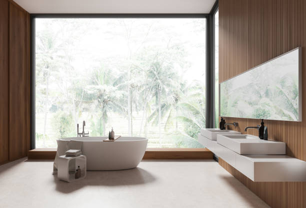 istock Wooden hotel bathroom interior with washbasin and tub, panoramic window 1828134579