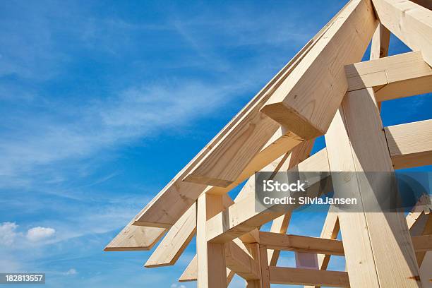 Wooden House Frame Stock Photo - Download Image Now - Blue, Carpentry, Color Image