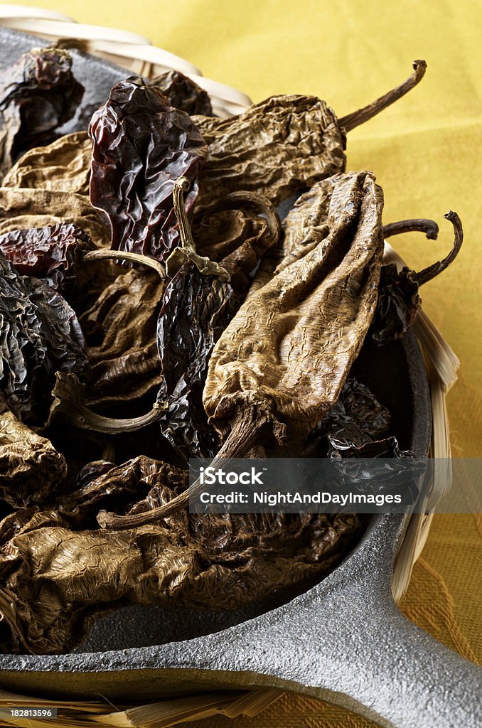 Chipotle Chiles Skillet with two varieties of dried chipotles (meco and morita).  Very shallow DOF. Brightly Lit Stock Photo