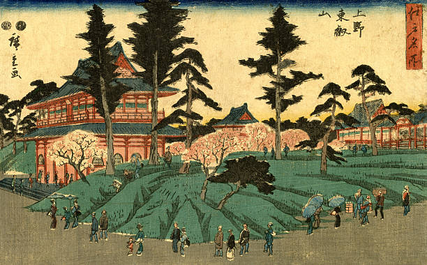 Japanese Woodblock City Scene Print by Hiroshige "Japanese scene from the master Utagawa Hiroshige 1797aa1858, forms part of my own private collection of original woodblock prints. A woodblock print from the Edo period showing a landscape image of the town Veno, Toeisan. Part of the aNew Selection of Edo Famous PlacesaA People walk along spring blossomed pathways." japanese landscape stock illustrations
