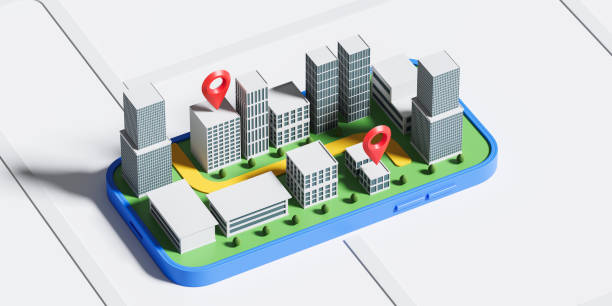 istock Top view phone display with city map and geo tags, navigation concept 1828136167