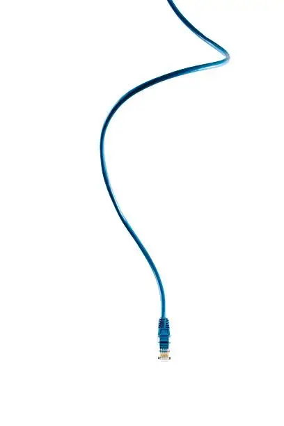 Photo of Hanging down blue network cable on white