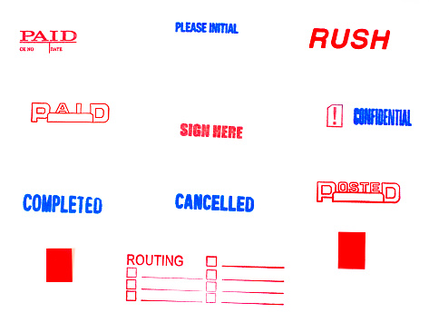 Office rubber stamps on white background.  Paid, please initial, rush, paid, sign here, confidential, completed, cancelled, posted, routing and two red rectangles.