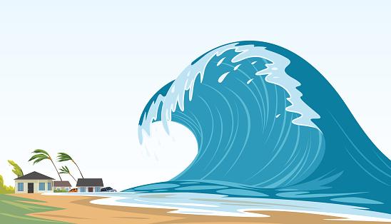 Vector illustration of natural disaster. Earthquake generating tsunami.
