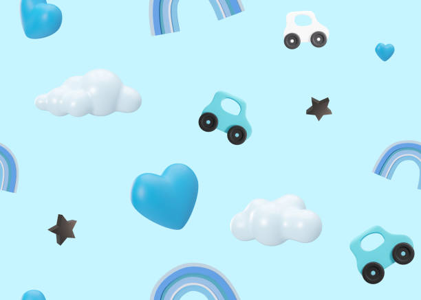 istock Blue seamless pattern with cars, hearts, clouds. Applicable for fabric print, textile, wallpaper, gifts wrapping paper. Repeatable texture. Modern style, pattern for boys bedding, clothes. 3D. 1828161677