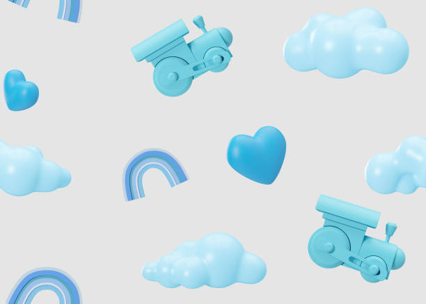 istock Gray seamless pattern with blue trains, hearts, clouds. Applicable for fabric print, textile, wallpaper, gifts wrapping paper. Repeatable texture. Modern style, pattern for boys bedding, clothes. 3D. 1828162011