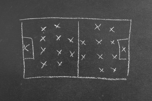 A football tactics diagram drawn on a blackboard.